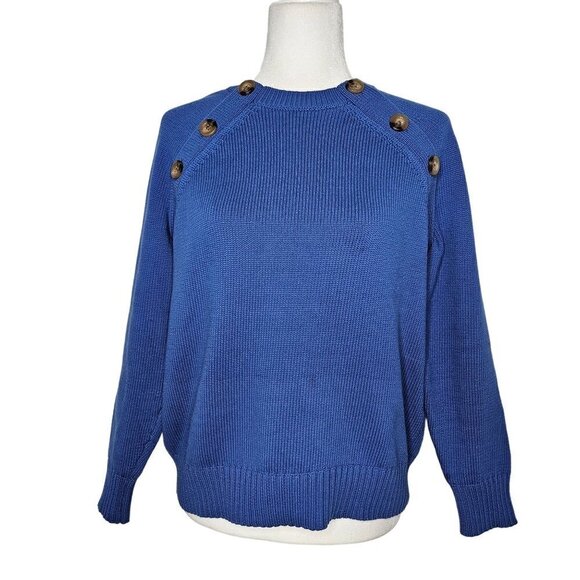 Ann Taylor Size Petite Large Shoulder Button Trim Ragland Sleeve Blue Sweater - Picture 2 of 12